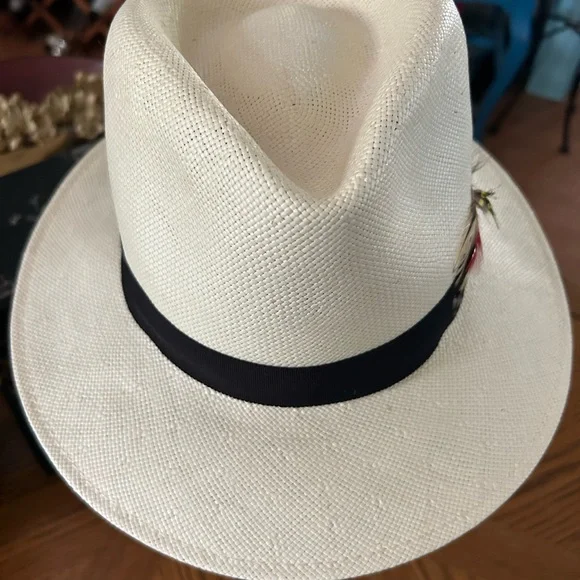 Vintage Cream Fedora Hat with Black Band & Feather Accent